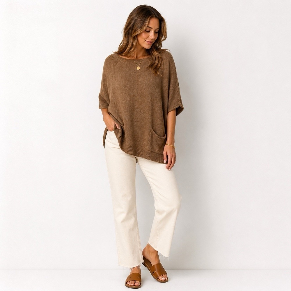 BCBG Max Azria Lambswool Cashmere Angora Tunic Sweater Pockets Brown S